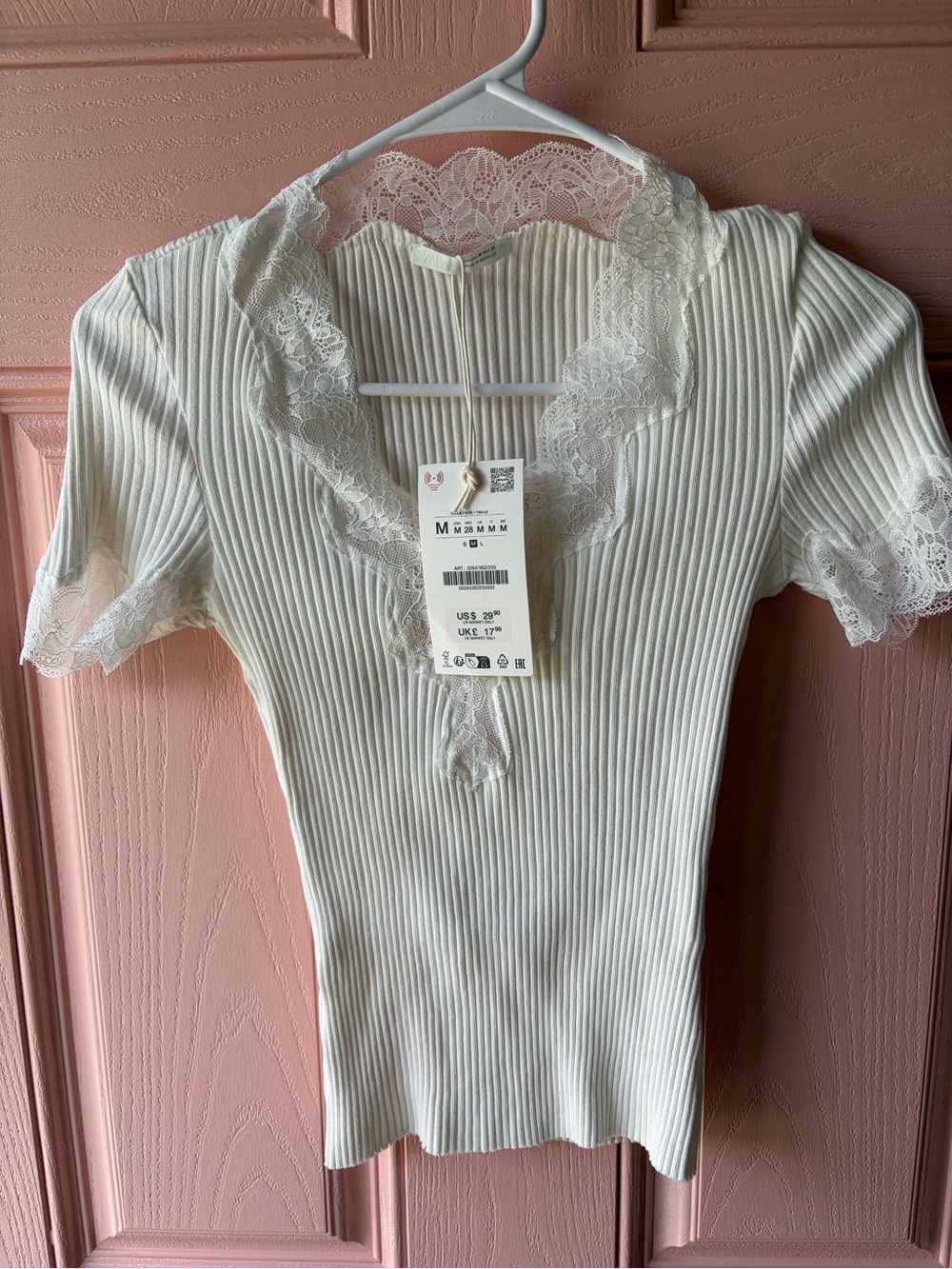 Zara Cream Ribbed Lace Trim Short Sleeve Top